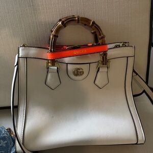 Cream Leather Tote with Orange Accent